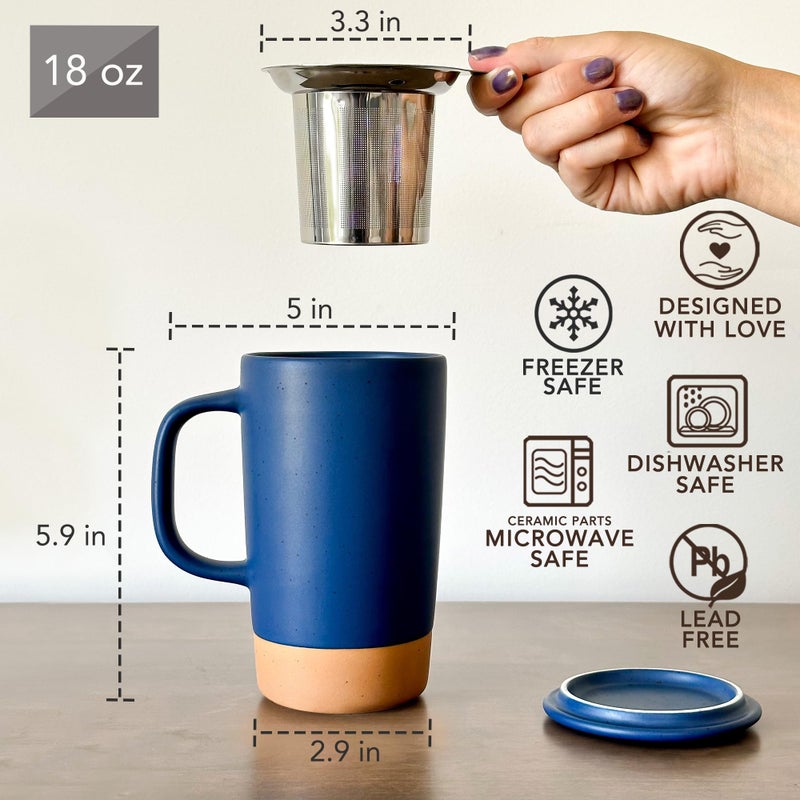 Mora Ceramics Large Tea Mug with Loose Leaf Infuser and Ceramic Lid, 18 oz, Portable, Microwave and Dishwasher Safe, Tall Coffee Cup - Rustic Matte Ceramic Glaze, Modern Herbal Tea Strainer, Deep Blue - Image 3